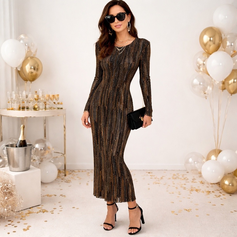 En Creme Womens Gold Black Metallic Stripe Long Sleeve Maxi Dress ED19083TR S - Picture 2 of 13